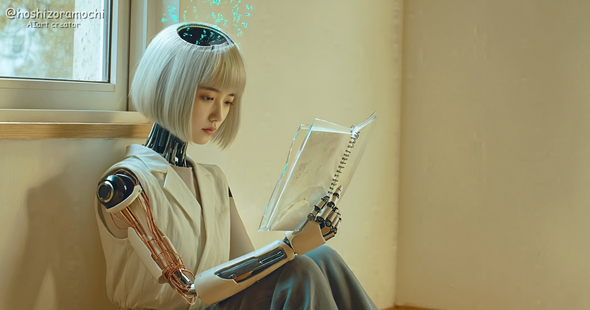 光溢れる窓辺でデータと記憶を紡ぐ、白髪アンドロイドの穏やかな読書タイム📖脳内に広がる未知の世界