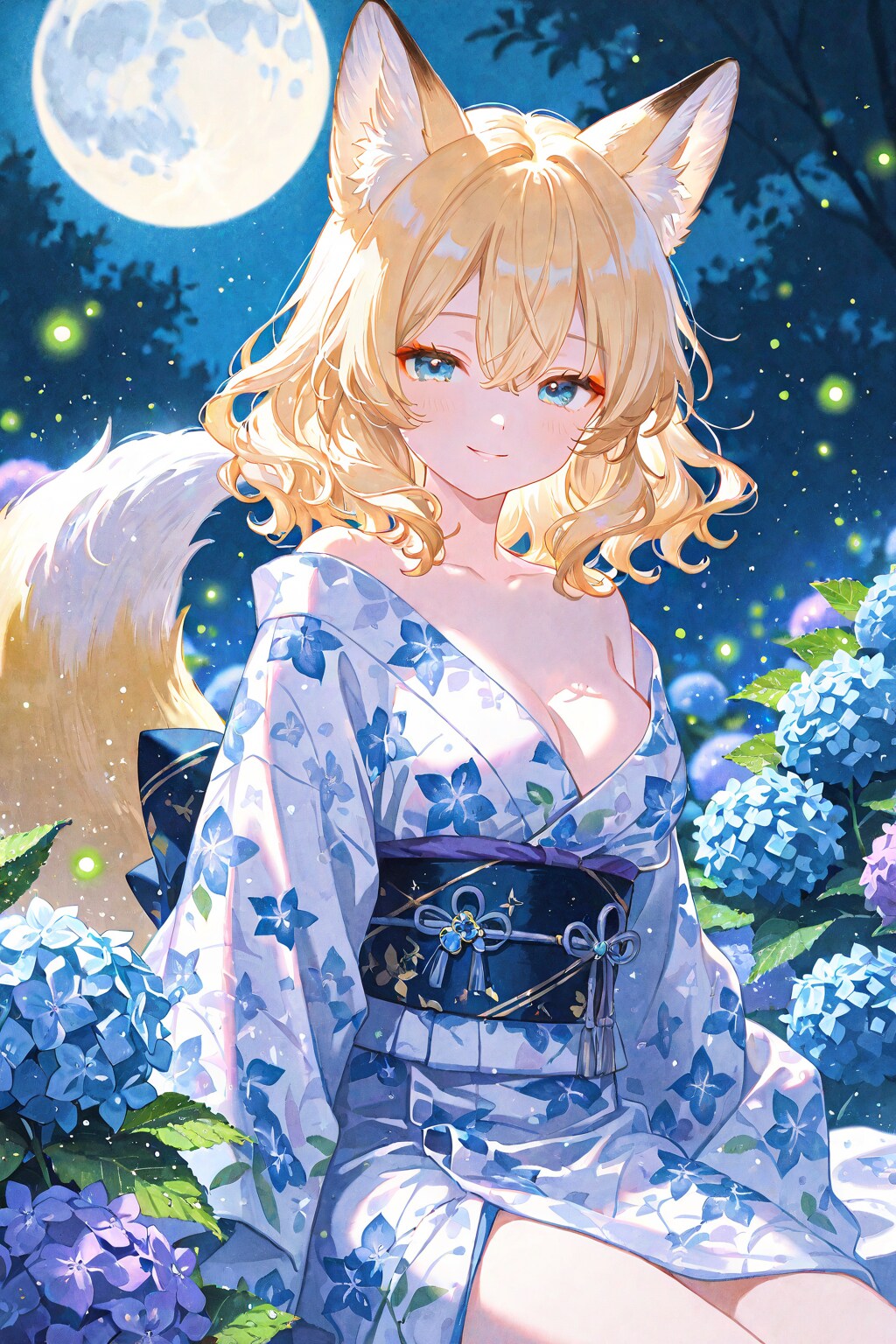 蛍と月と紫陽花