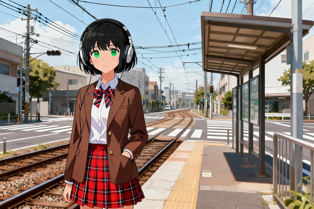 路面電車の停留所と女子高生