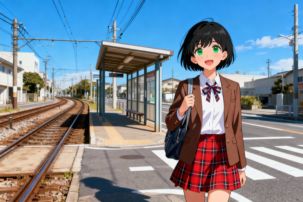 路面電車の停留所と女子高生