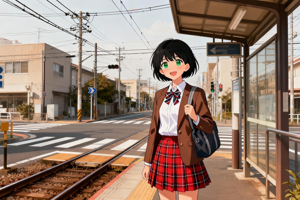 路面電車の停留所と女子高生