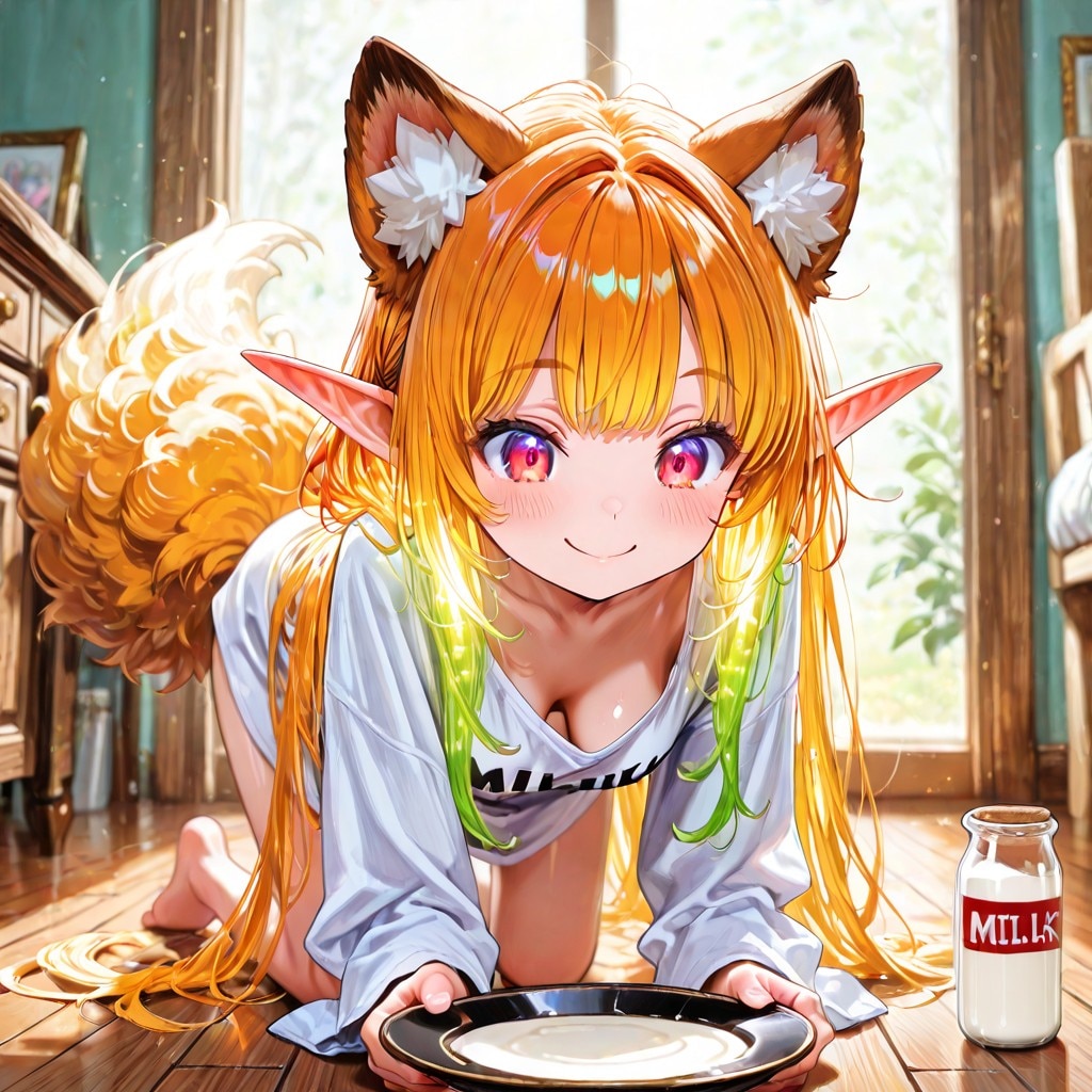 7枚）猫にミルクを与えるケモ耳エルフさん