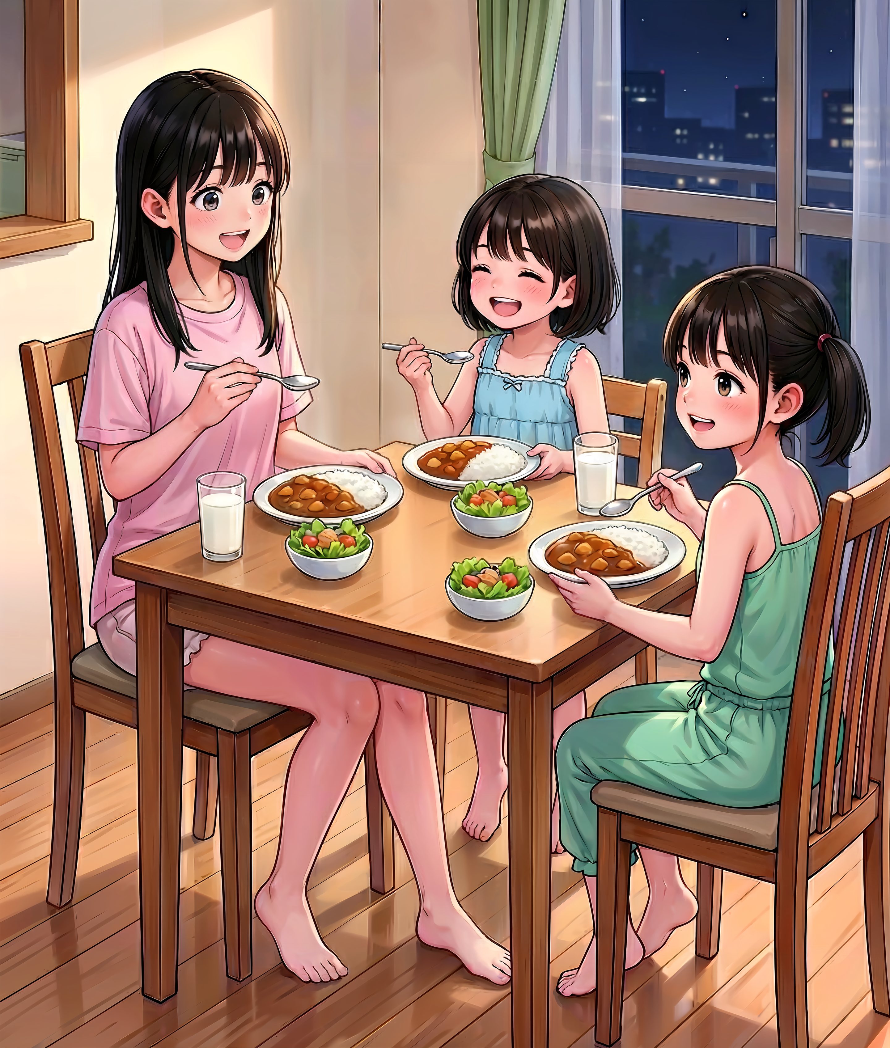 晩ご飯だよ！三姉妹（連作17/20） | の人気AIイラスト・グラビア