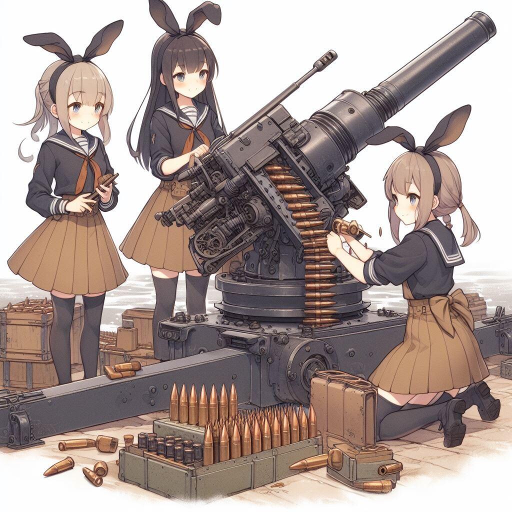 対戦車砲に弾薬を装填するウサギ耳の女の子