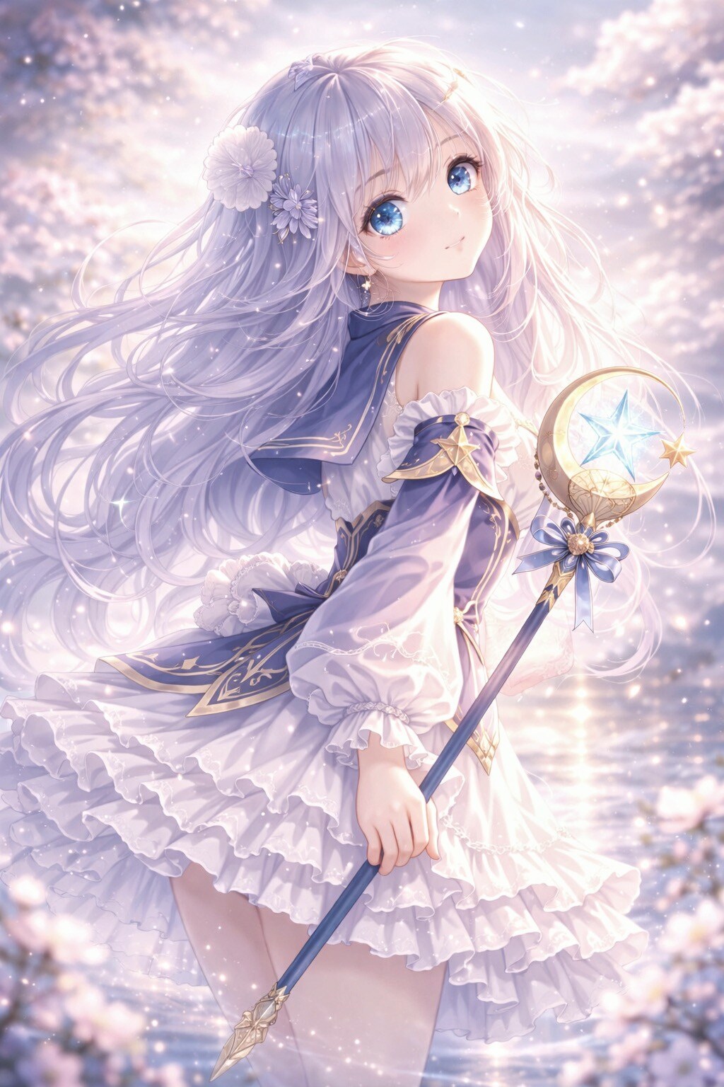 星桜の水面に立つホタテちゃん