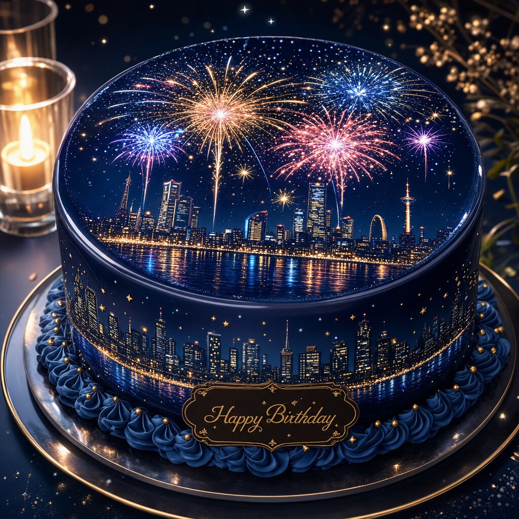 夜景と花火ケーキ