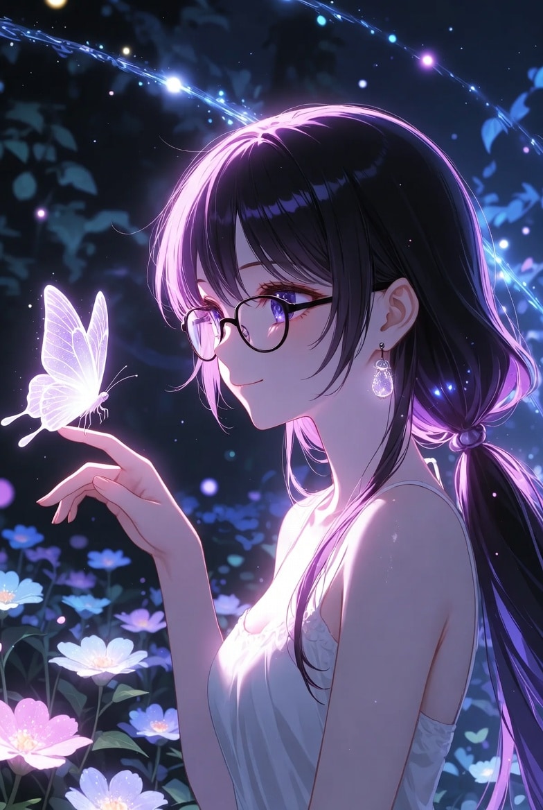 黒髪メガネ 幻想庭園と光の蝶 Ver.Grok