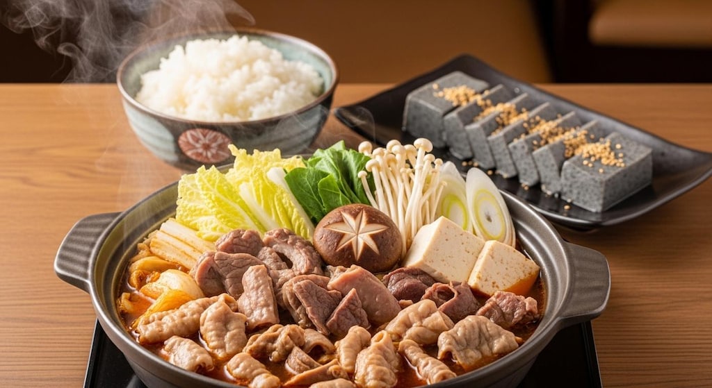 摩訶不思議食堂のもつ鍋と胡麻豆腐のセット