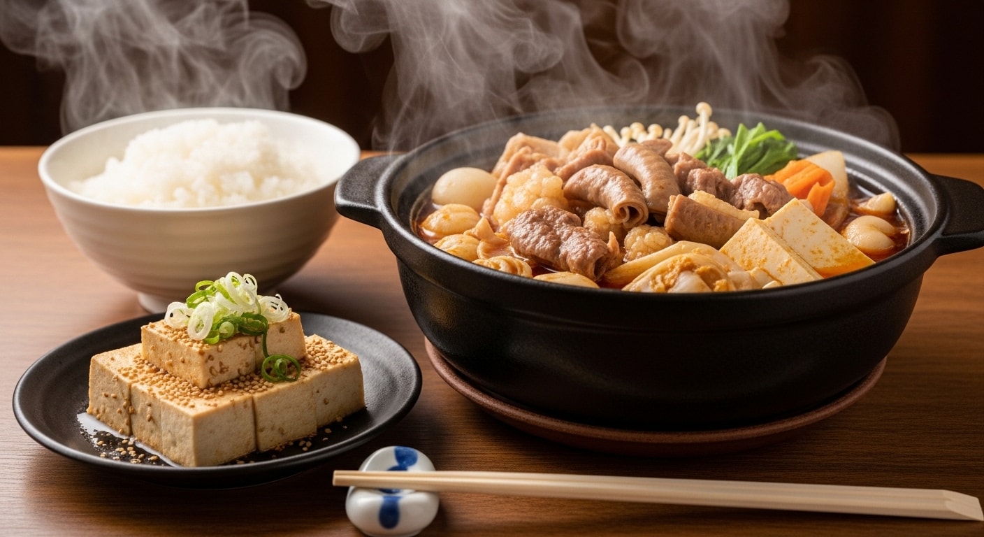 摩訶不思議食堂のもつ鍋と胡麻豆腐のセット | の人気AIイラスト・グラビア