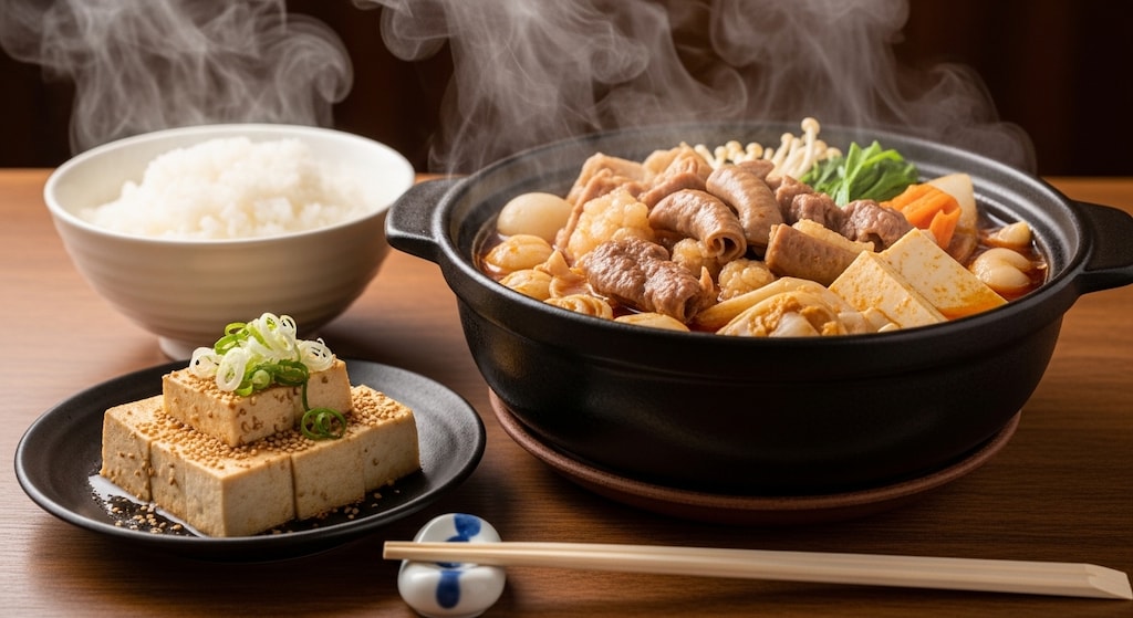 摩訶不思議食堂のもつ鍋と胡麻豆腐のセット