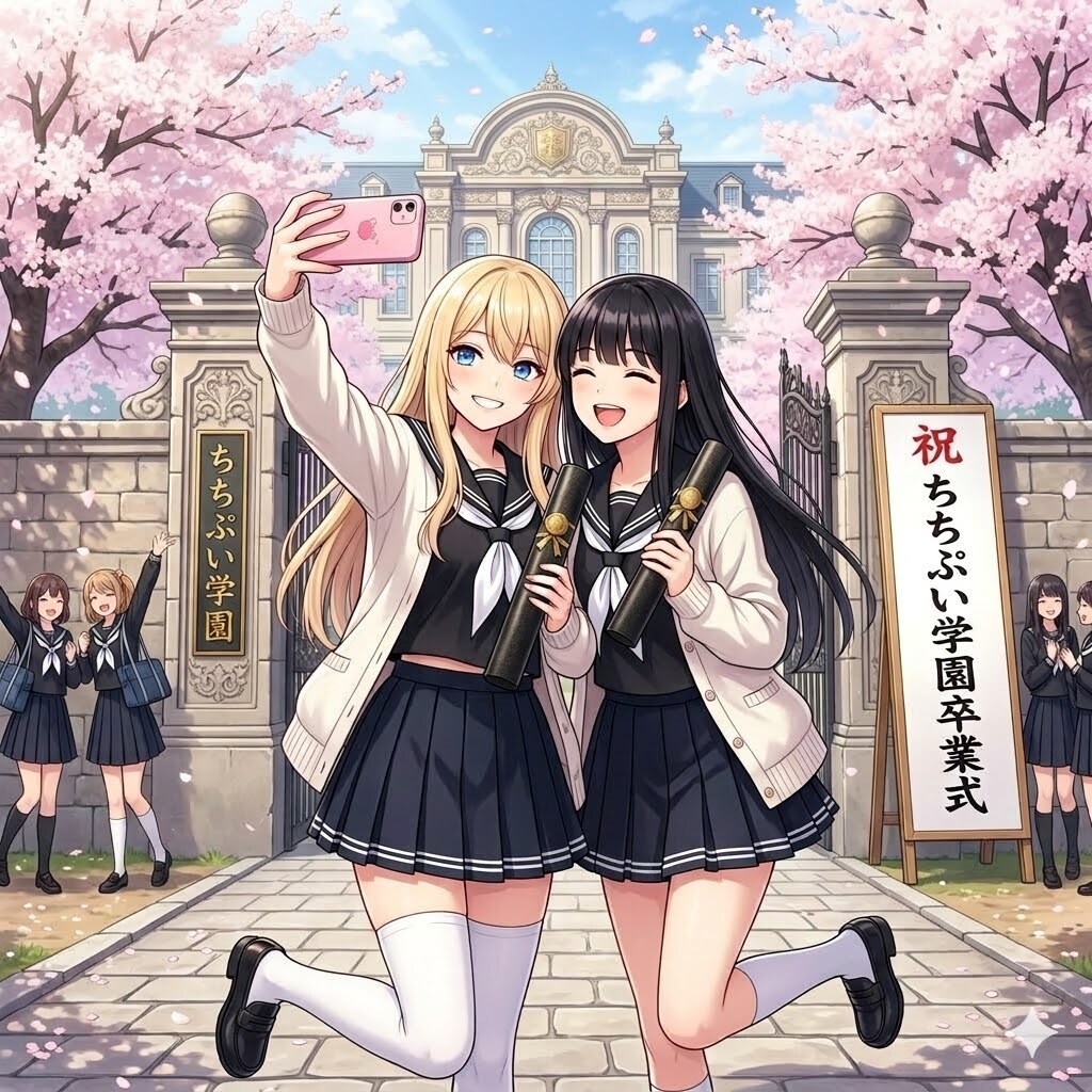 卒業式で自撮り、ししょちゃんとちちぷいちゃん