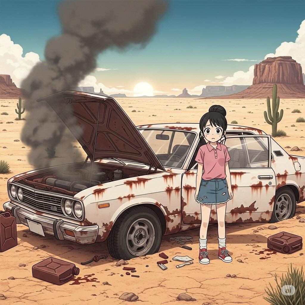砂漠の真ん中でポンコツ車がガス欠・故障
