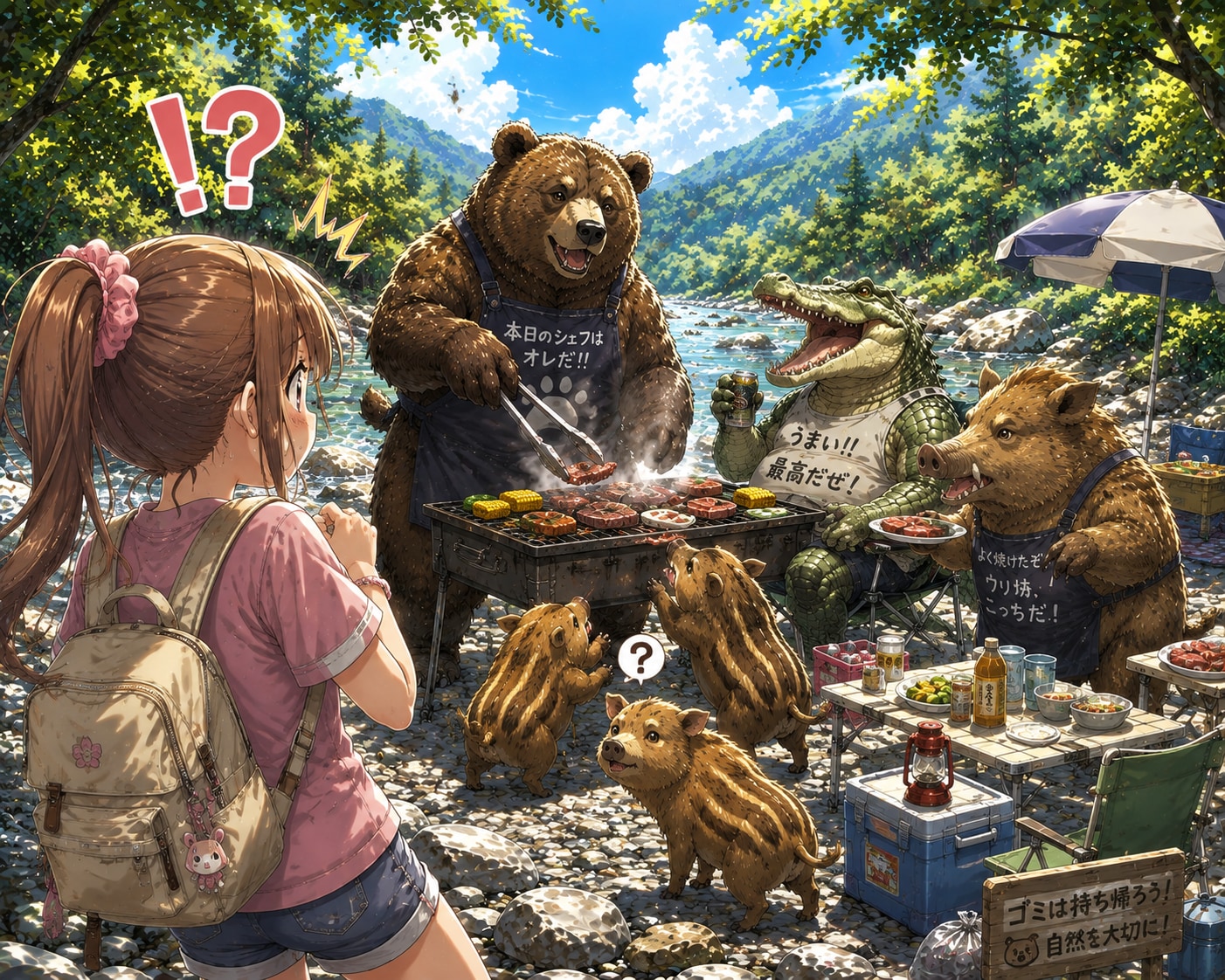 河原でバーベキュー🐻🐊🐗