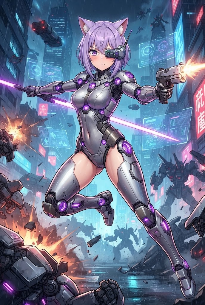 近接戦のための間合いを探ってるメカ娘のシス