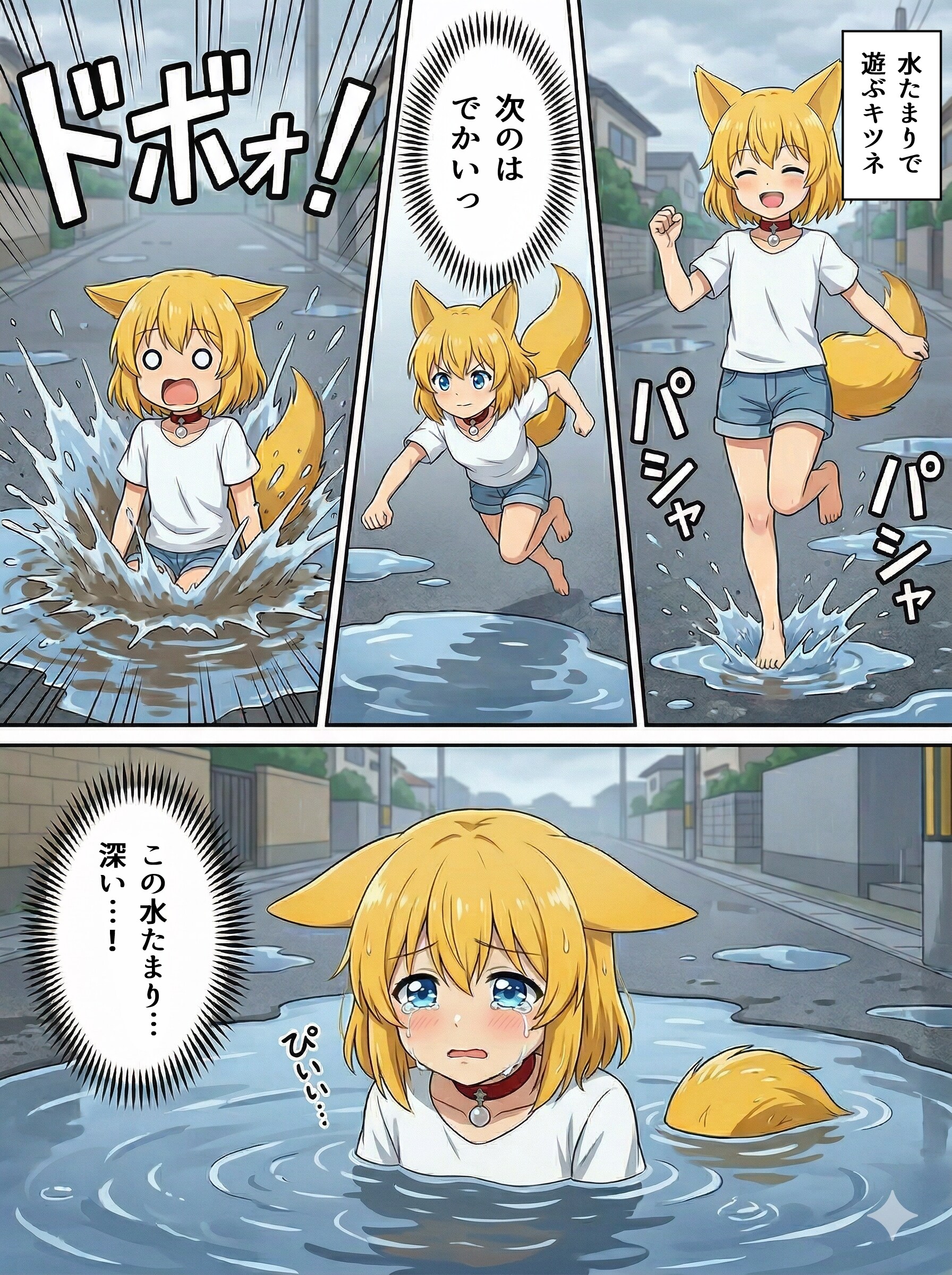 見つけた水たまりに片っ端から飛び込んでいくキツネ | の人気AIイラスト・グラビア