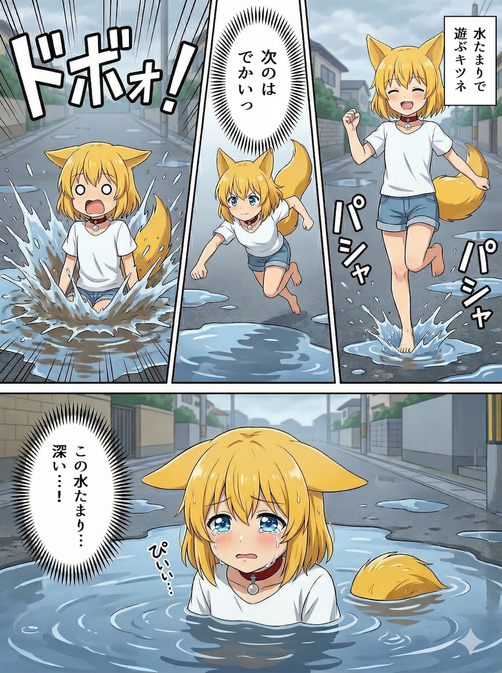 見つけた水たまりに片っ端から飛び込んでいくキツネ