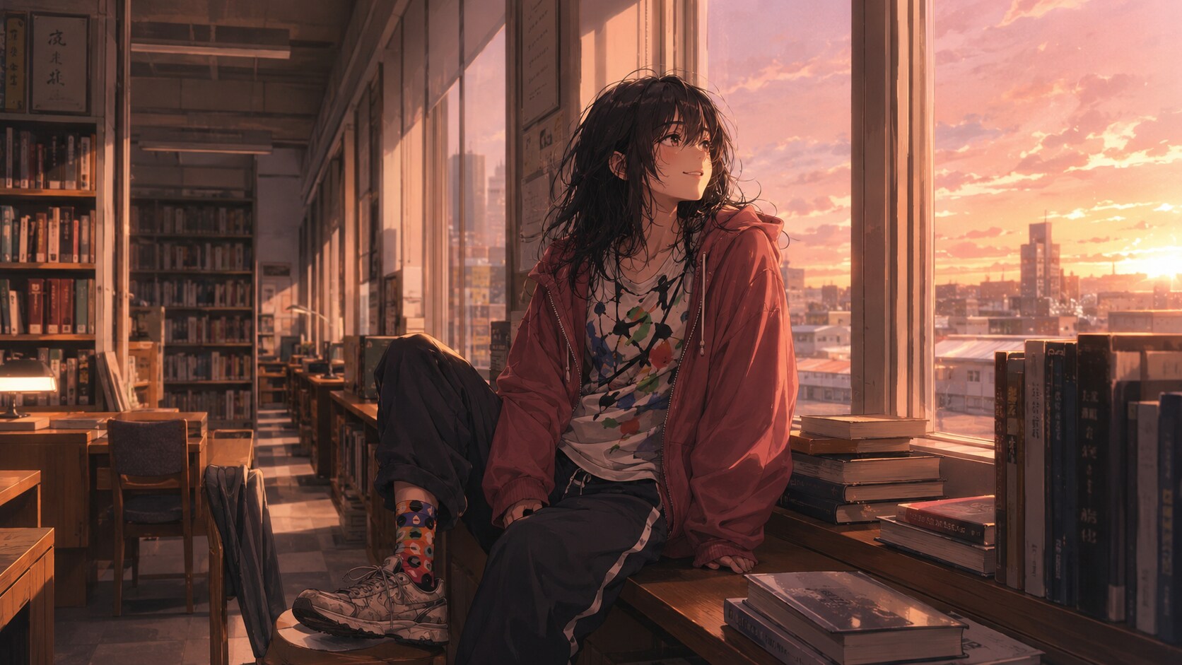 図書館と夕焼け