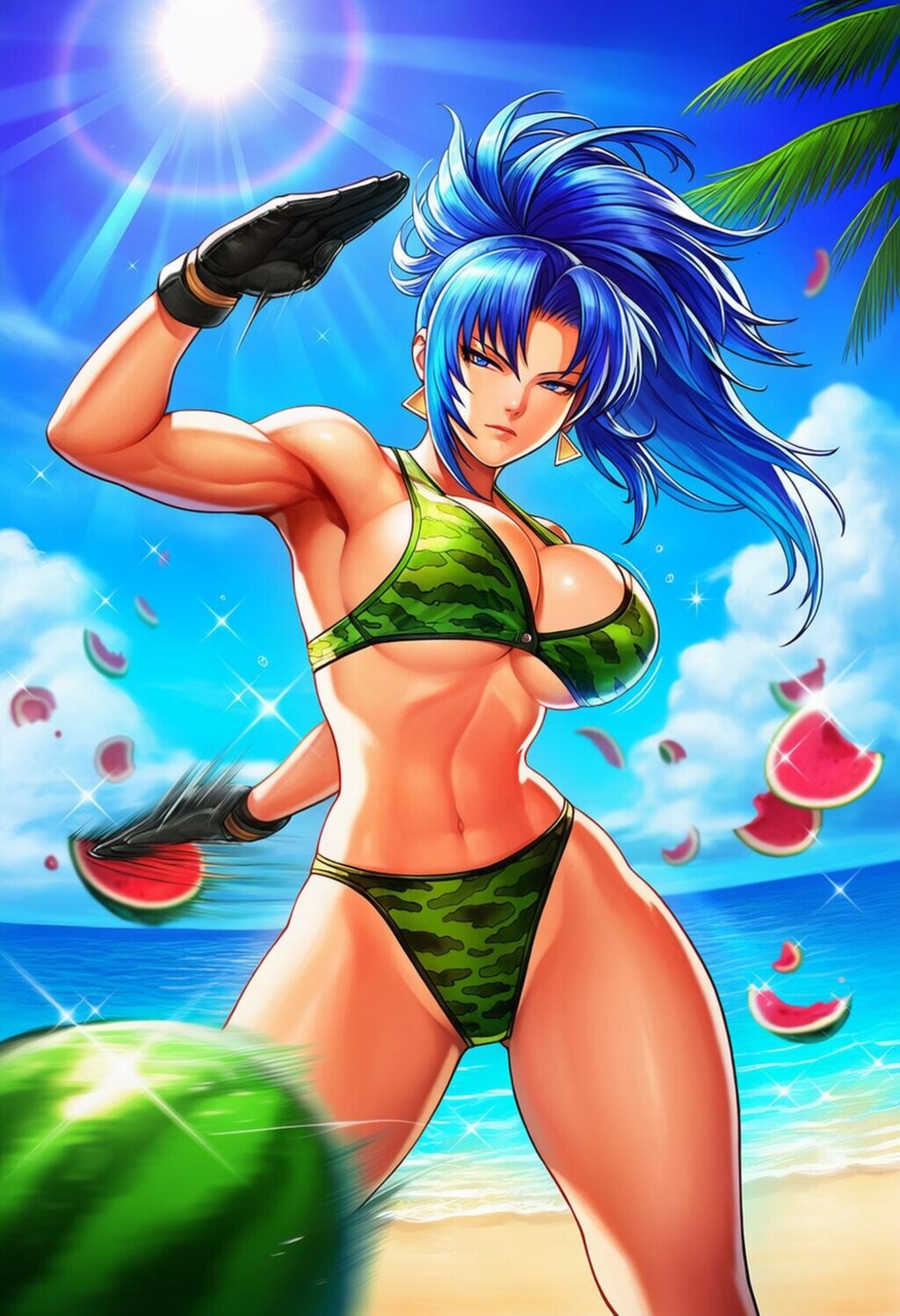 スイカ割り＆迷彩ビキニ水着コスプレ軍人妻