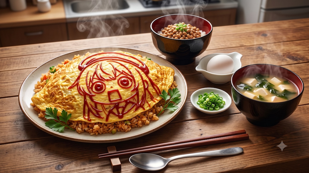 摩訶不思議食堂のオムライスと納豆のセット