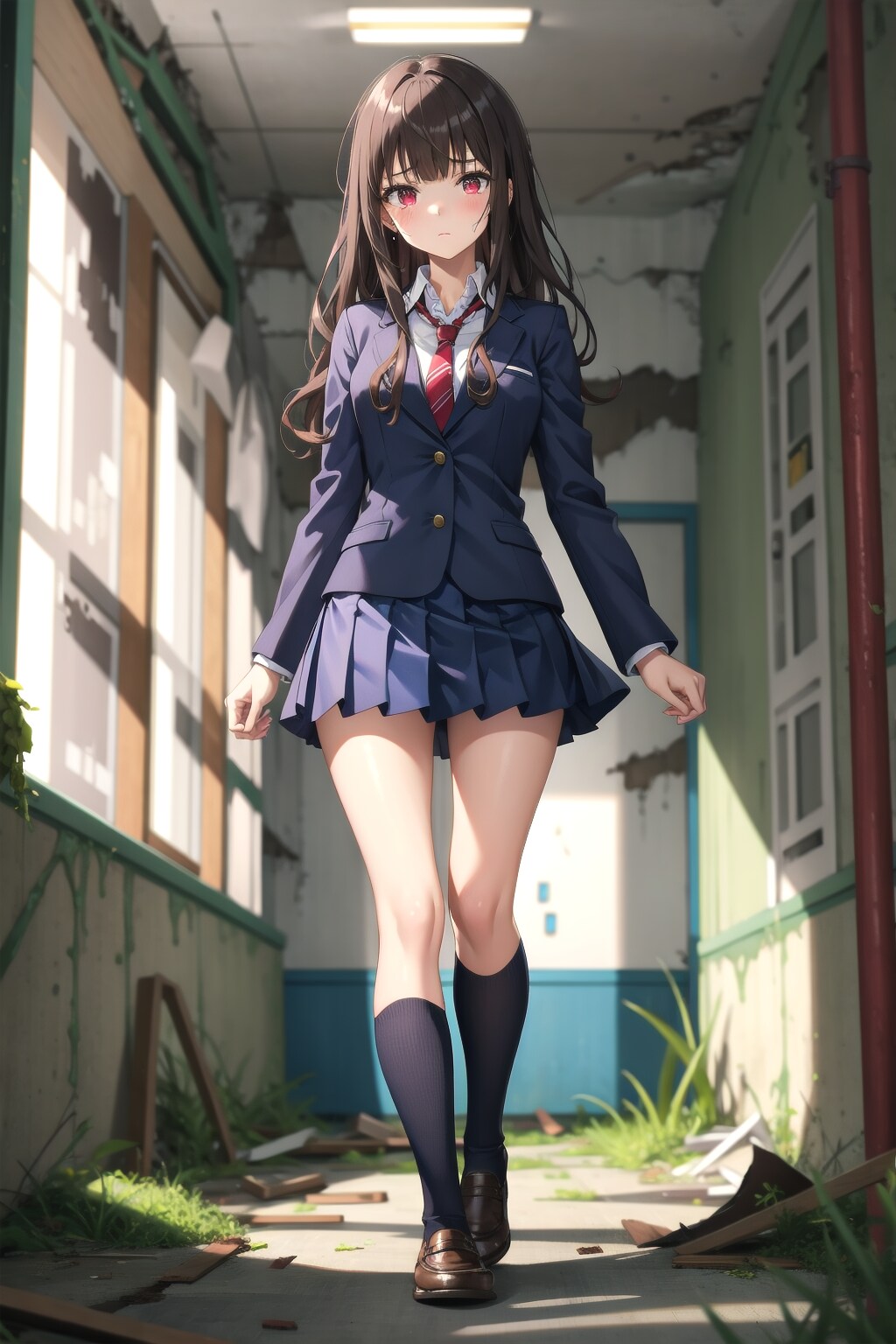 廃校舎を歩く女子高生