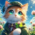 油絵&アニメ風、春のクローバー探し猫 2枚目