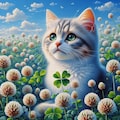 油絵&アニメ風、春のクローバー探し猫 5枚目