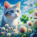 油絵&アニメ風、春のクローバー探し猫 8枚目