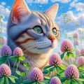 油絵&アニメ風、春のクローバー探し猫 7枚目