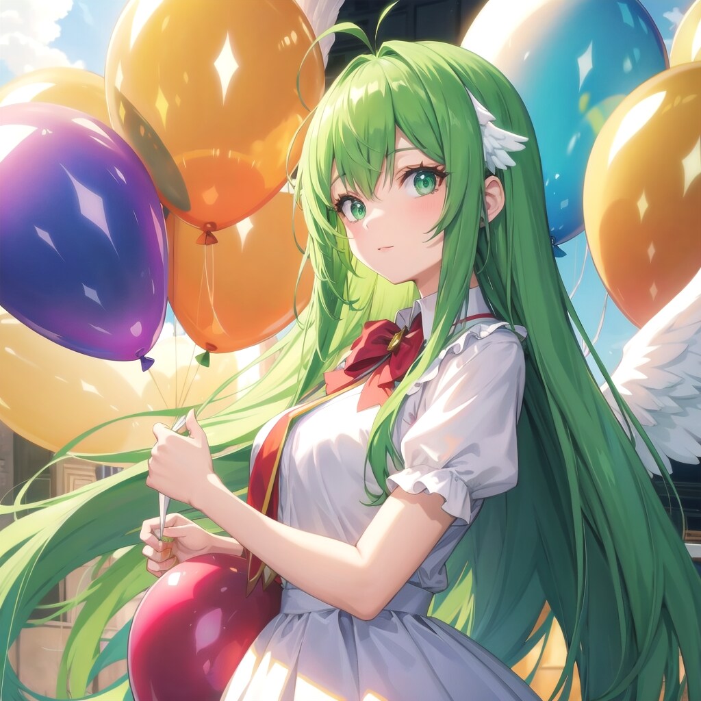 いっぱい色とりどりの風船を持つ緑髪ロングの天使の美少女。 | の人気AIイラスト・グラビア
