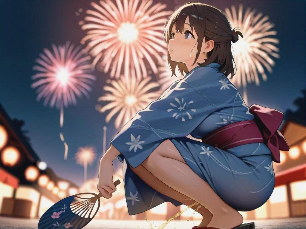 花火大会でお花を積むおねえさん