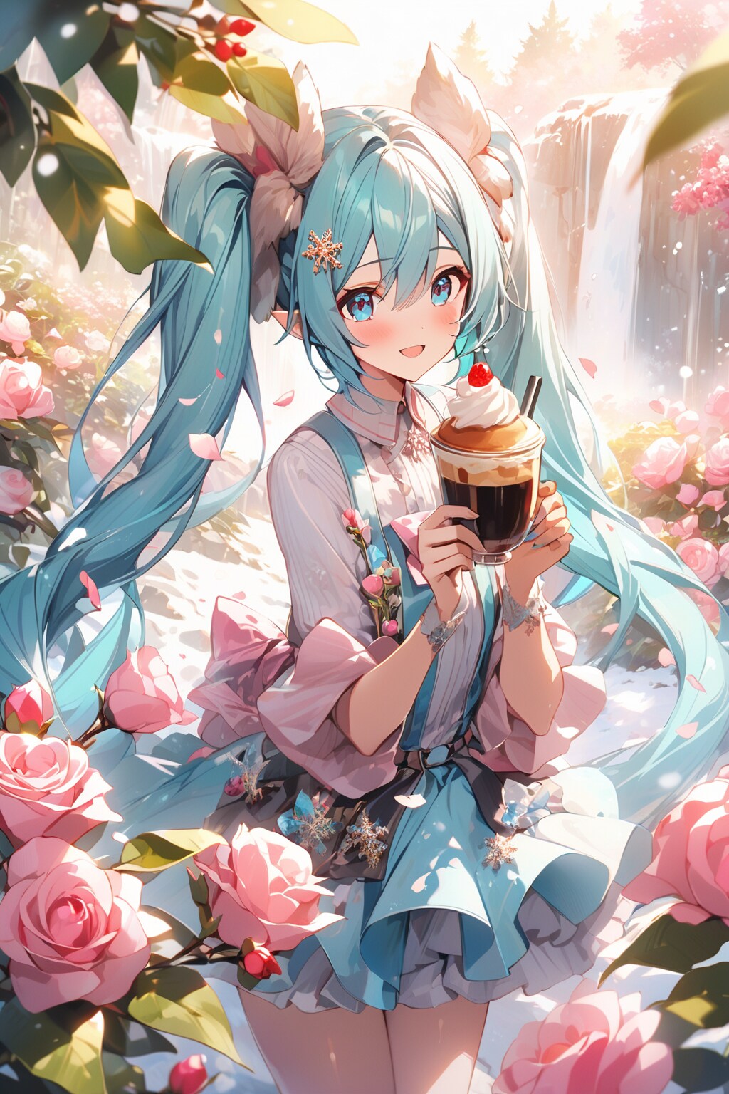 雪景色の薔薇の花園