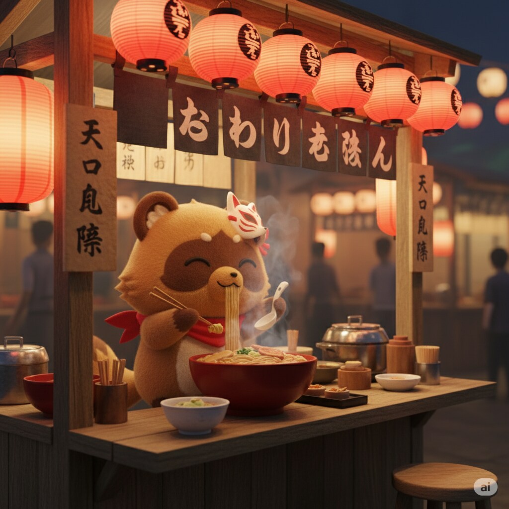 【わくわく系たぬき】狐のお面で、きつねうどんを食す！ | の人気AIイラスト・グラビア