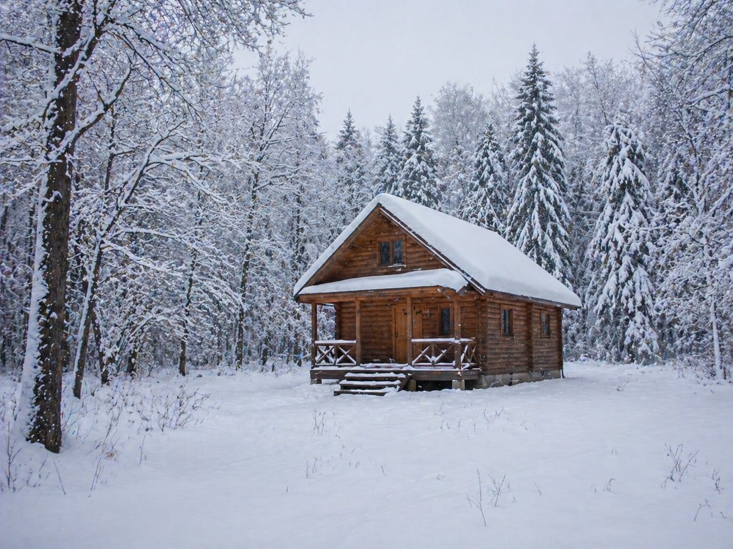 静かな冬の森の小屋
