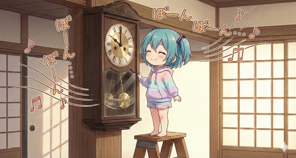 柱時計のネジを巻く ミクちゃん