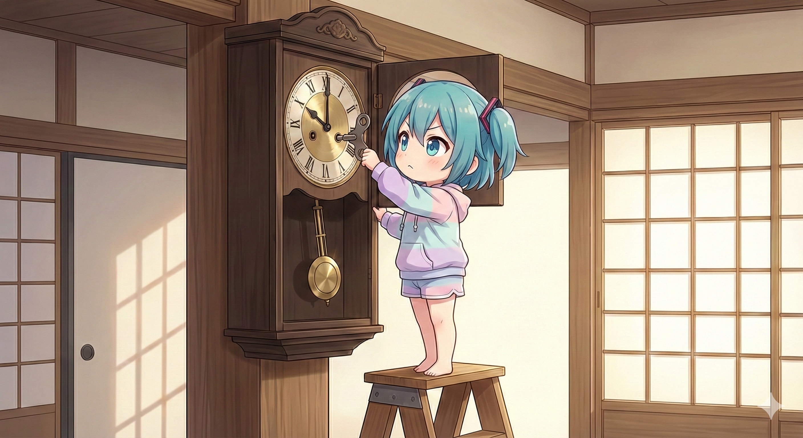 柱時計のネジを巻く ミクちゃん | の人気AIイラスト・グラビア