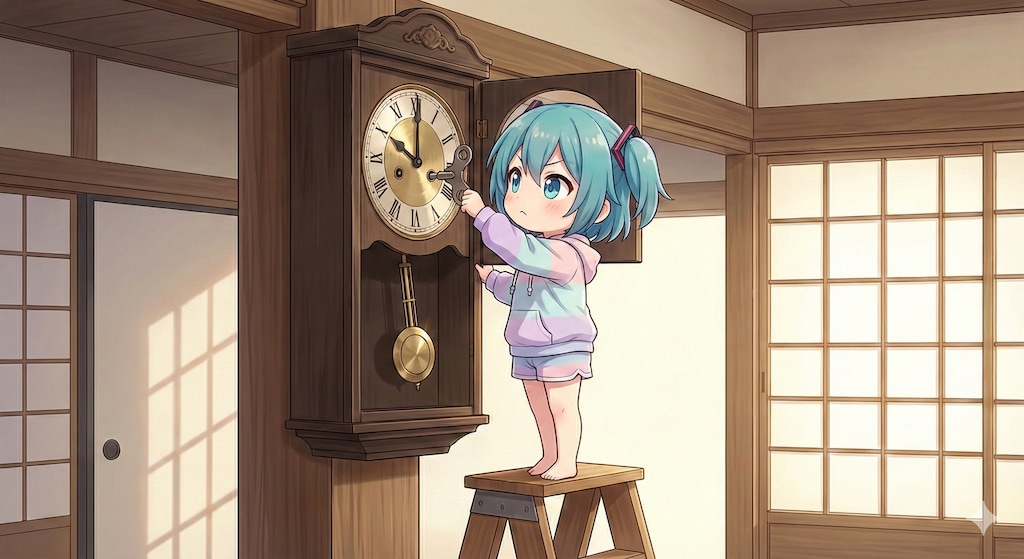 柱時計のネジを巻く ミクちゃん