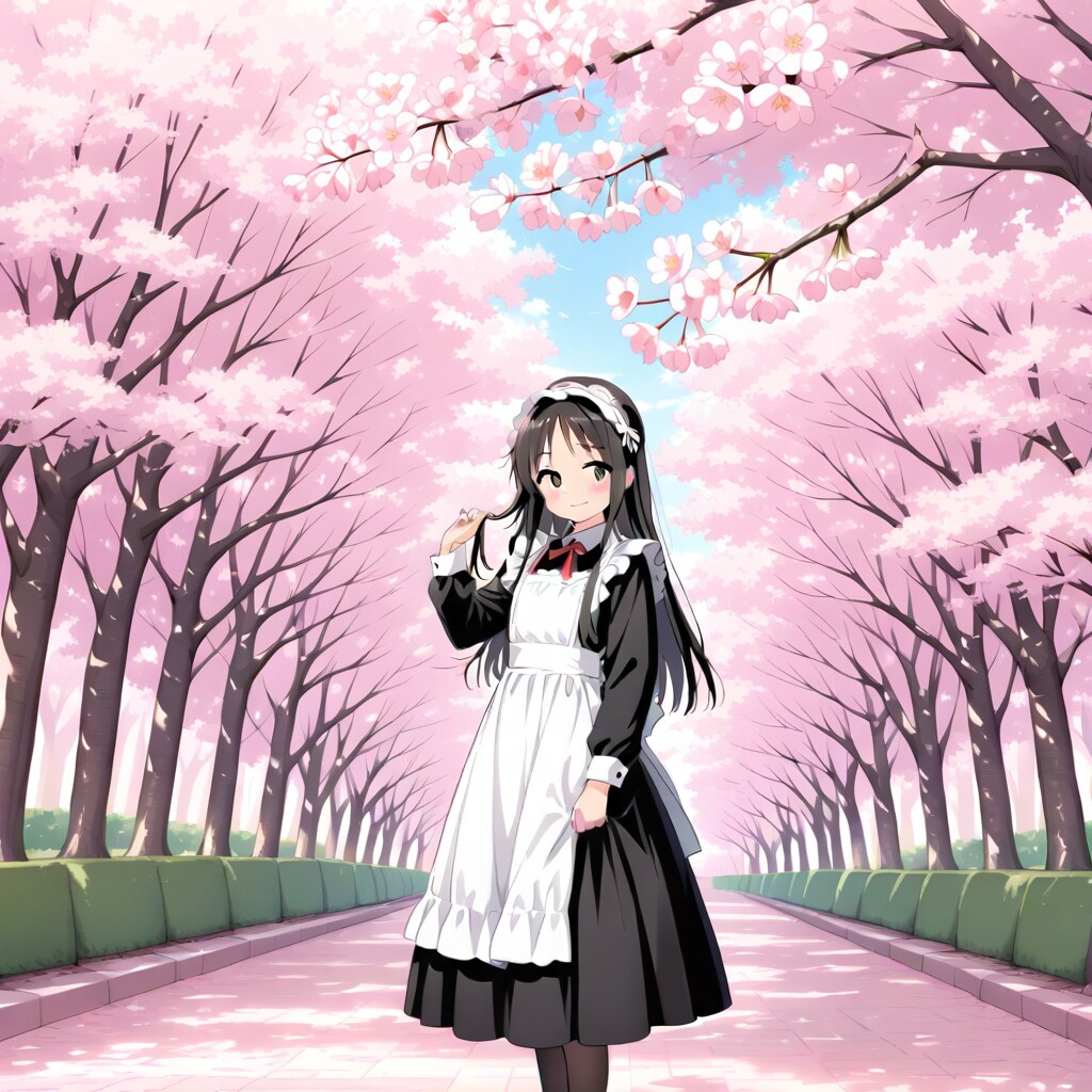 桜並木と黒メイド黒髪さん。