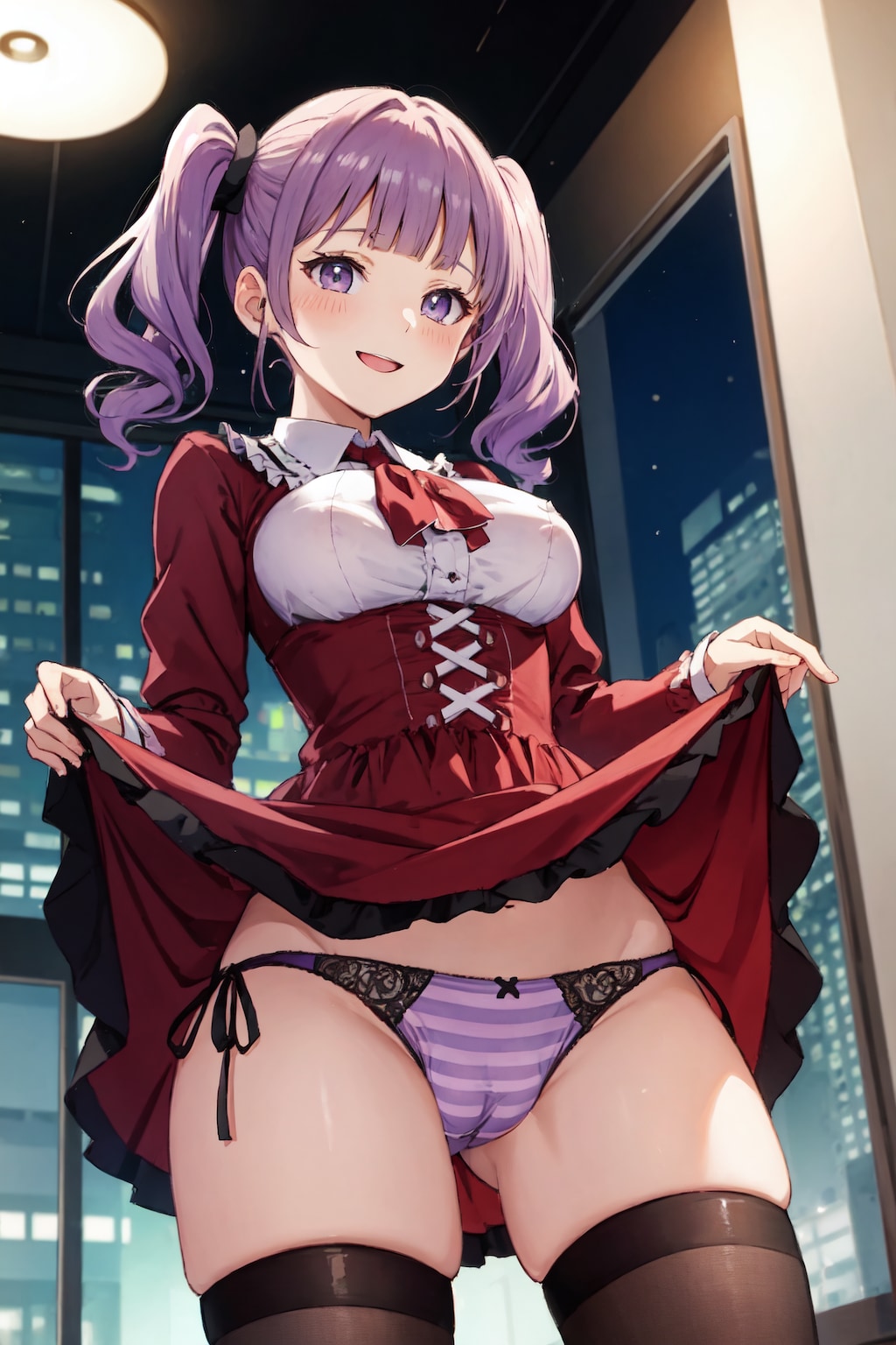 週末夜を待ち侘びた紫縞パンツインテちゃんのたくし上げおパンツ