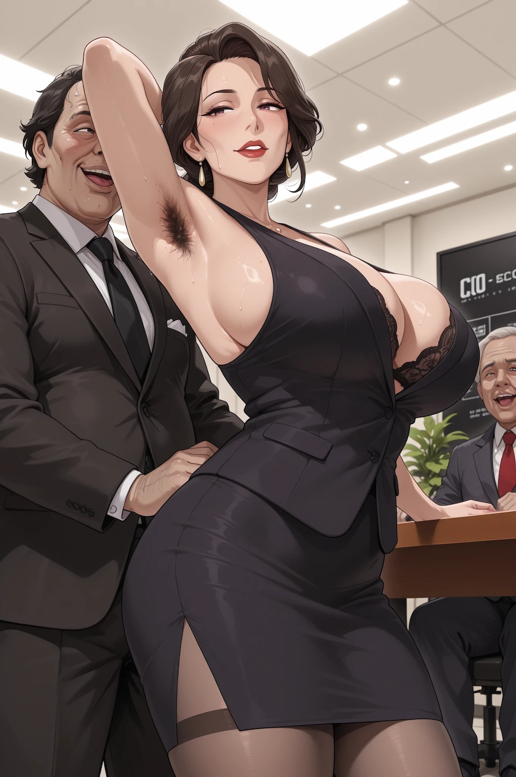 会議室で男たちに囲まれるスーツ美女…後ろ姿がエグい