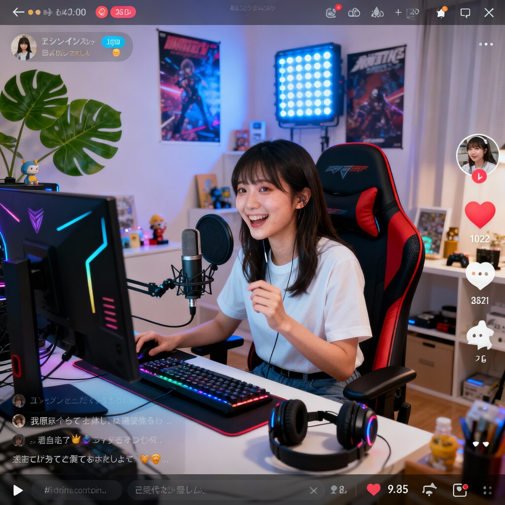 日本人女性ライバーが自宅の部屋で配信している様子。