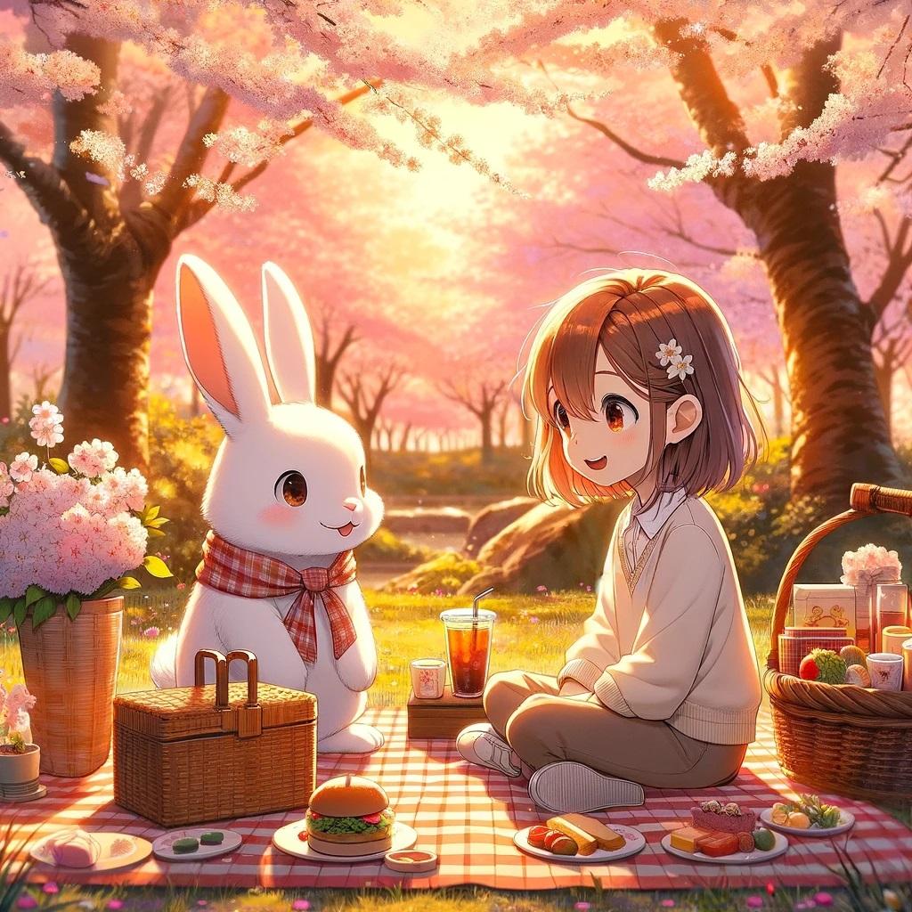 うさぎとピクニックする少女