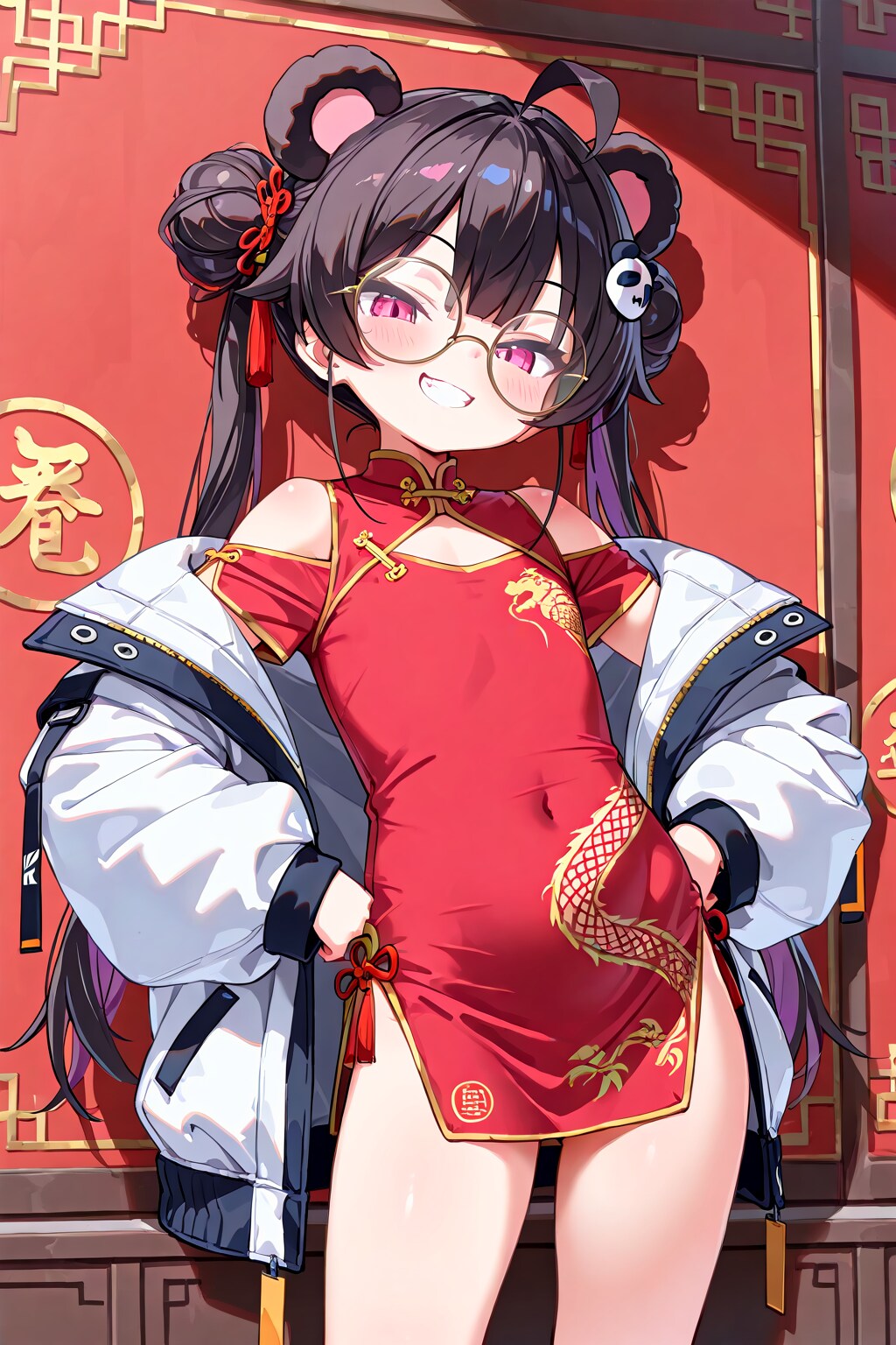 パンダ耳テックウェア肩落としチャイナドレス丸眼鏡！