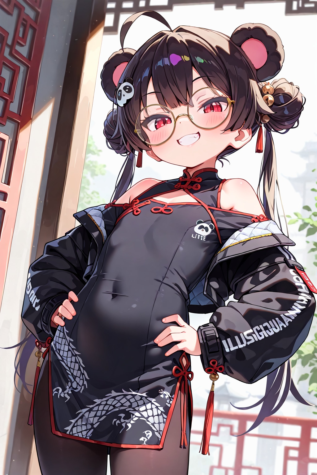 パンダ耳テックウェア肩落としチャイナドレス丸眼鏡！