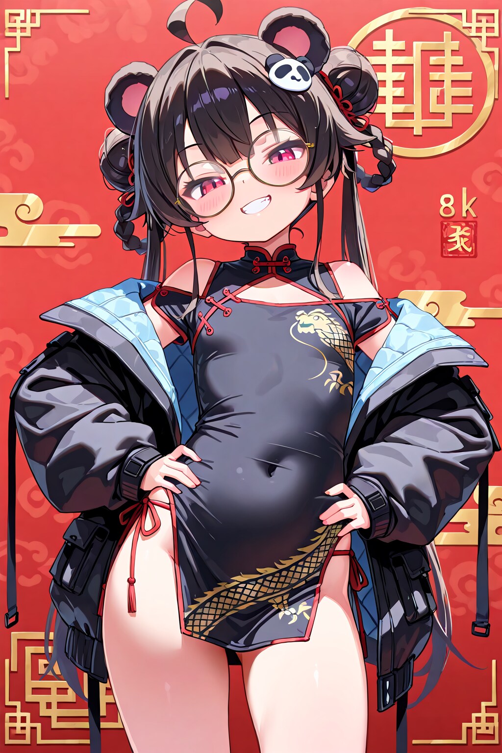 パンダ耳テックウェア肩落としチャイナドレス丸眼鏡！