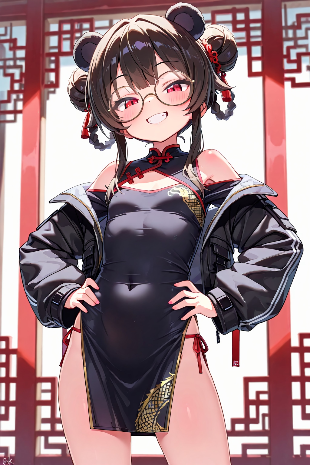 パンダ耳テックウェア肩落としチャイナドレス丸眼鏡！