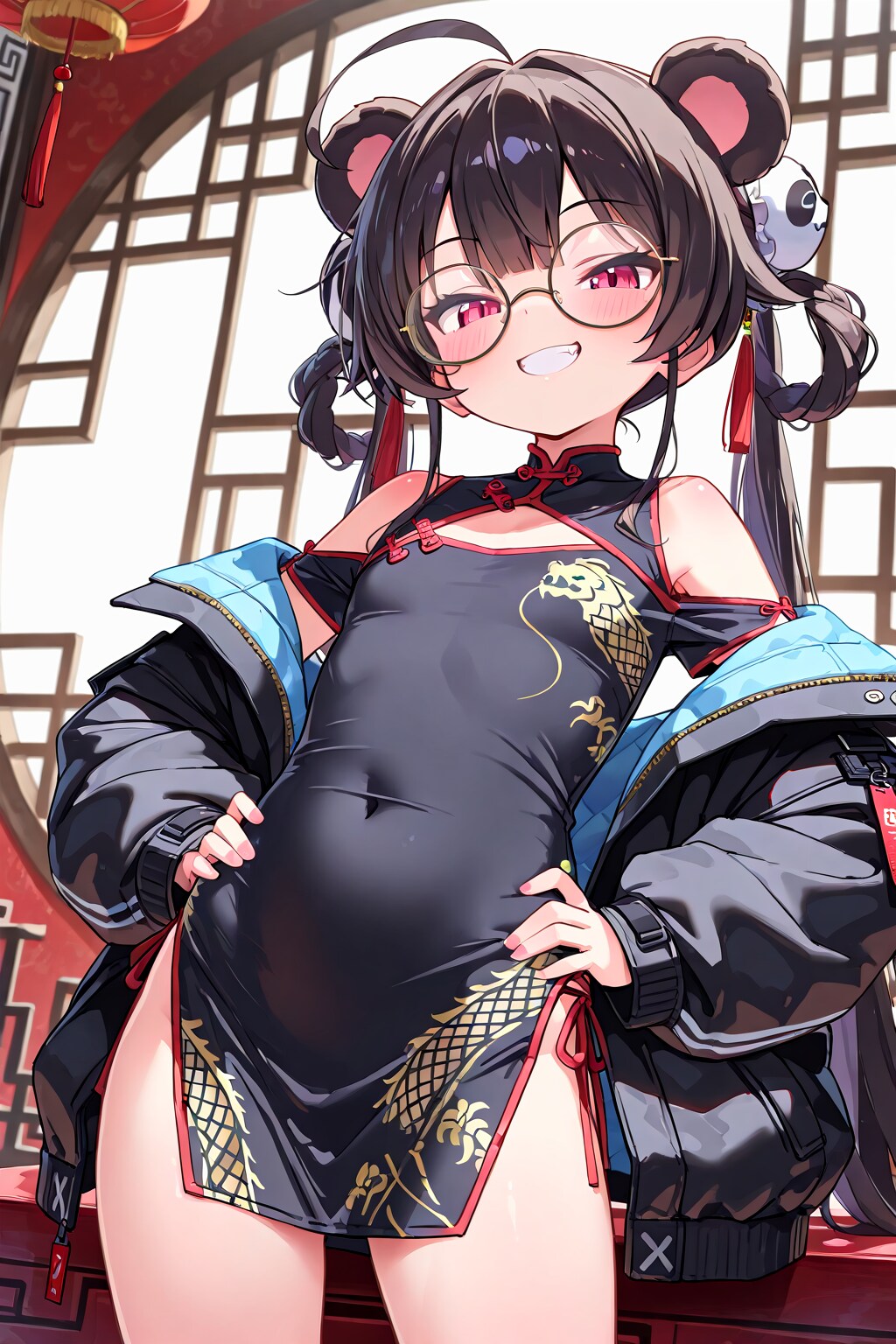 パンダ耳テックウェア肩落としチャイナドレス丸眼鏡！