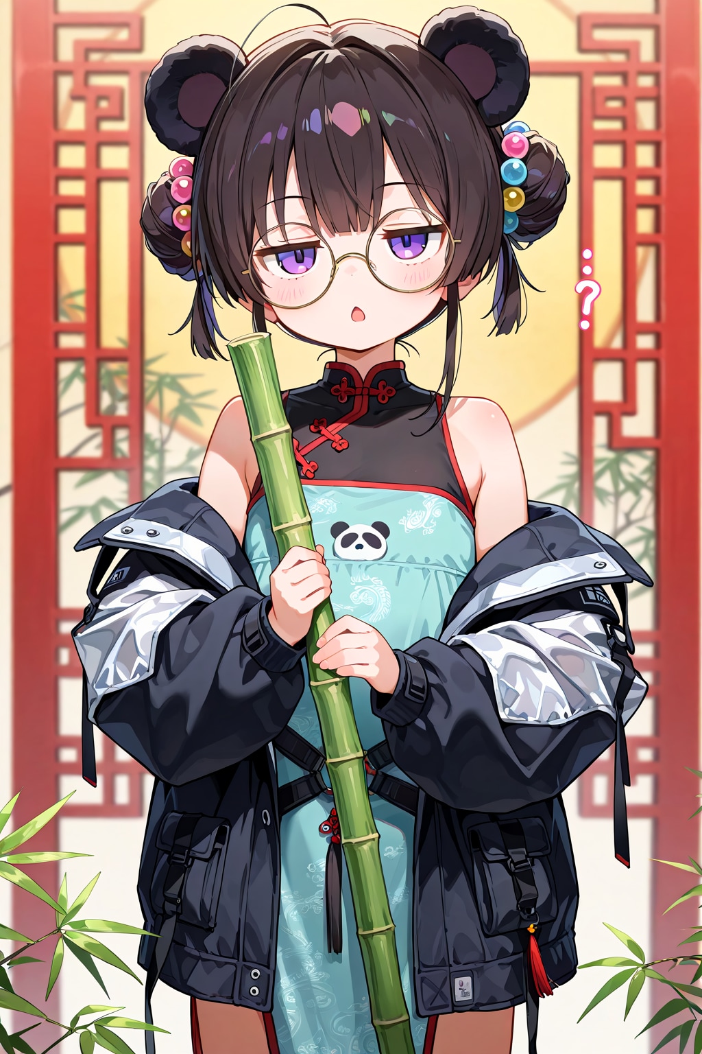 パンダ耳テックウェア肩落としチャイナドレス丸眼鏡！