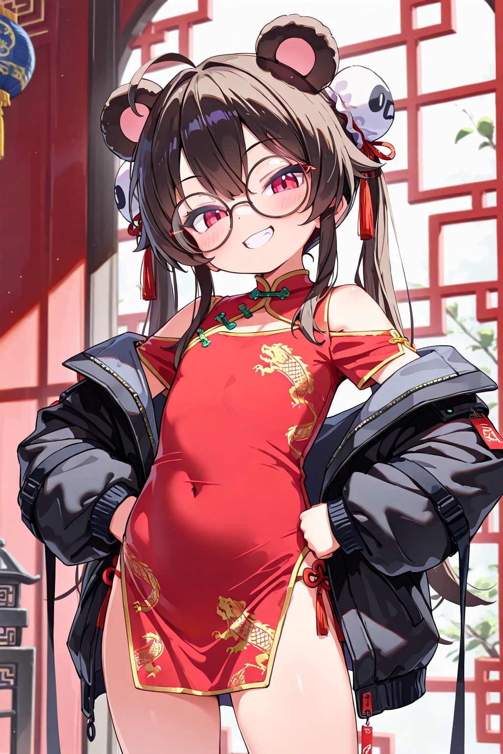 パンダ耳テックウェア肩落としチャイナドレス丸眼鏡！