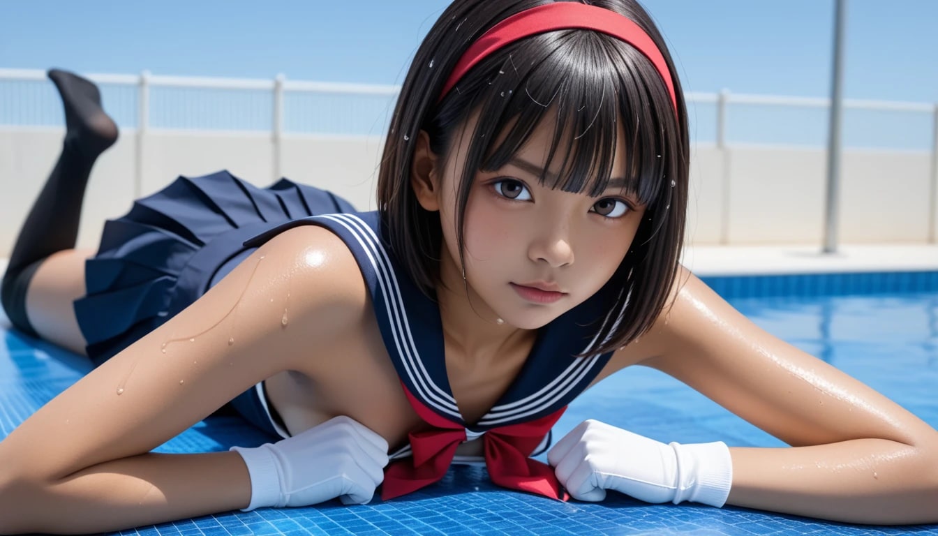 その瞳に見つめられたら、もう離れられない！プールサイドで彼女を見た瞬間、誰もが『あの頃』の甘酸っぱい思い出を呼び覚まされるはずです。  艶やかな黒髪ボブに真っ赤なリボン、そして清潔感あふれるセーラー服