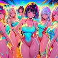 南国トロピカルカラフル🩷なハイレグ水着っ娘達😍💕 2枚目
